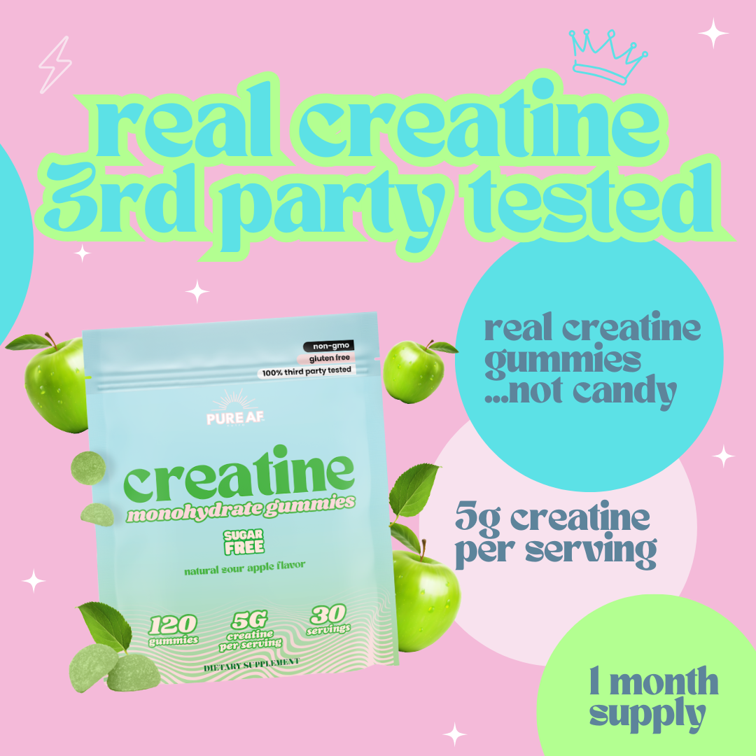 Image of creatine monohydrate gummies packaging with green apples and text descriptions.