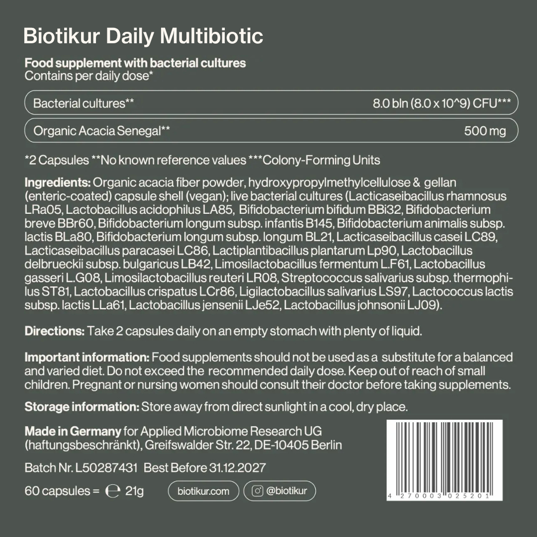 The supplement facts and ingredients label for Biotikur Daily Multibiotic, a food supplement with bacterial cultures.