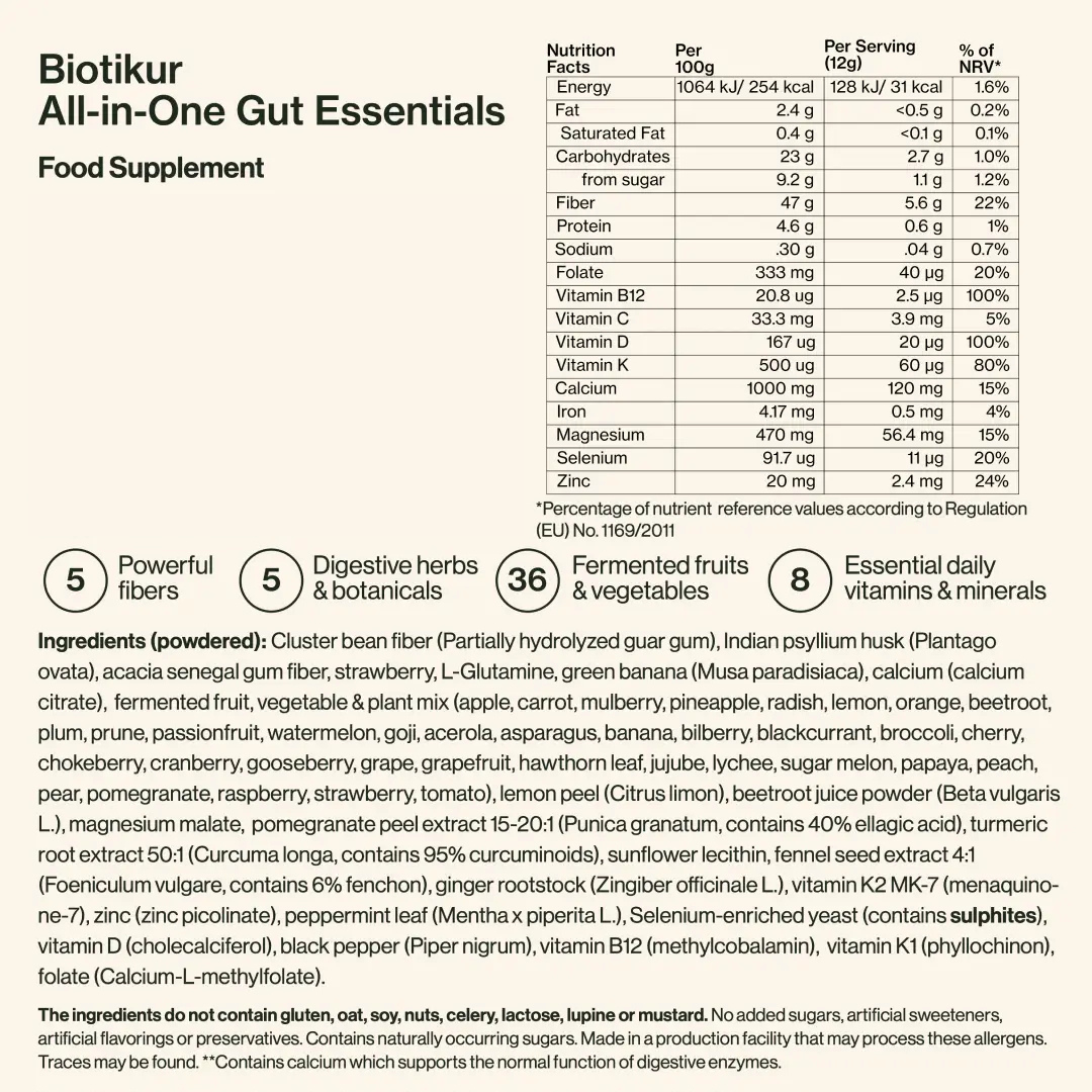 Nutrition facts and ingredients label for Biotikur All-in-One Gut Essentials food supplement.