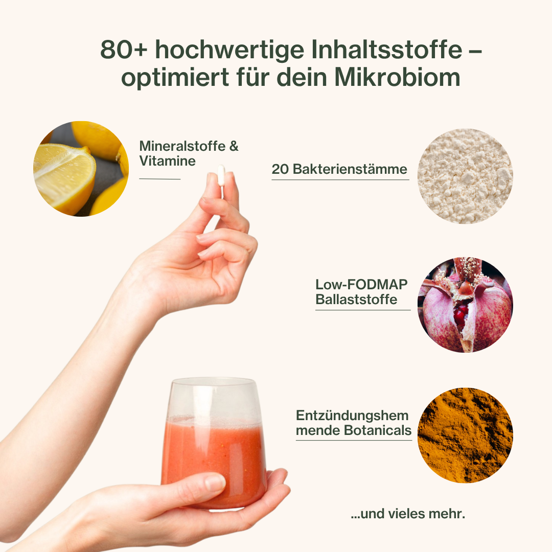 An infographic showing supplement ingredients like lemons and turmeric, with hands holding a capsule and a red smoothie.