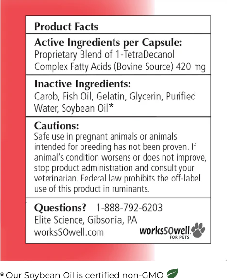 Product label with ingredients, cautions, and contact information for a pet supplement.