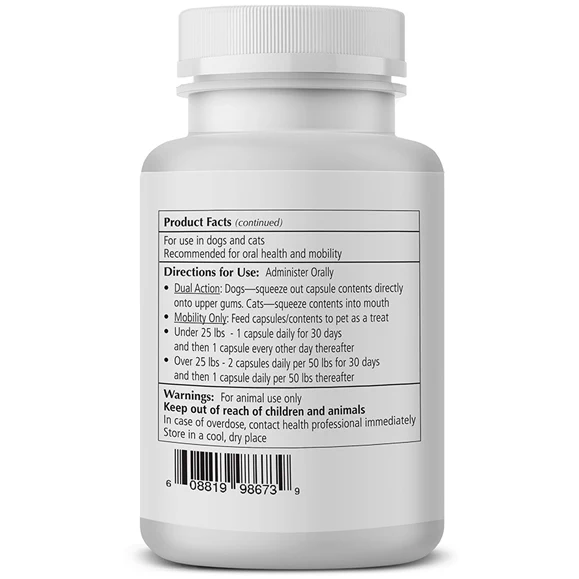 White bottle with pet supplement label and barcode.