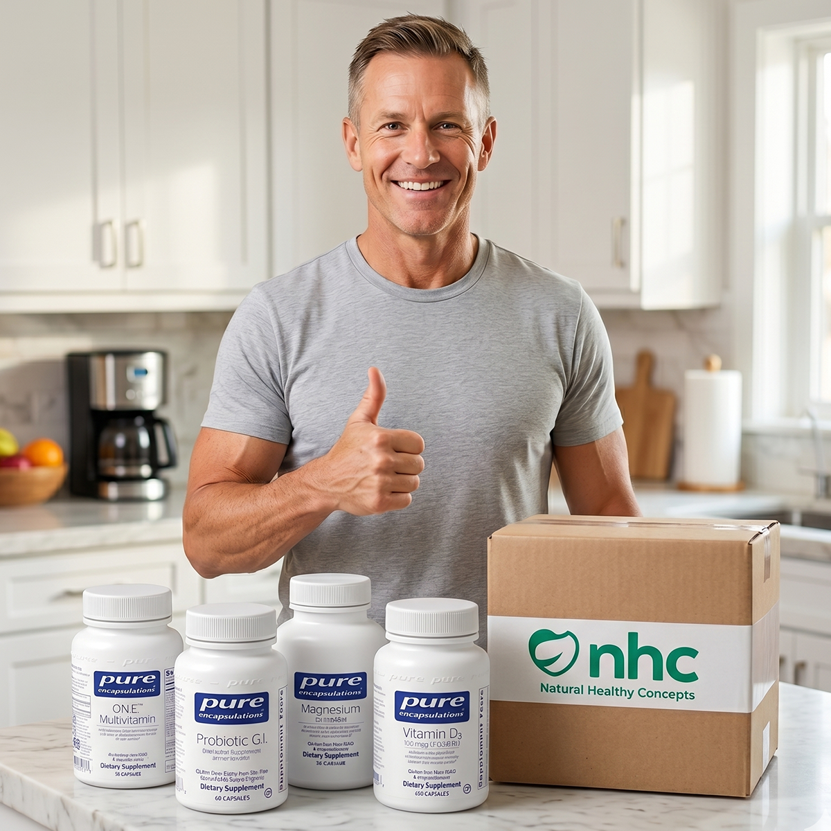 A smiling man gives a thumbs-up over a counter with several supplement bottles and a shipping box.
