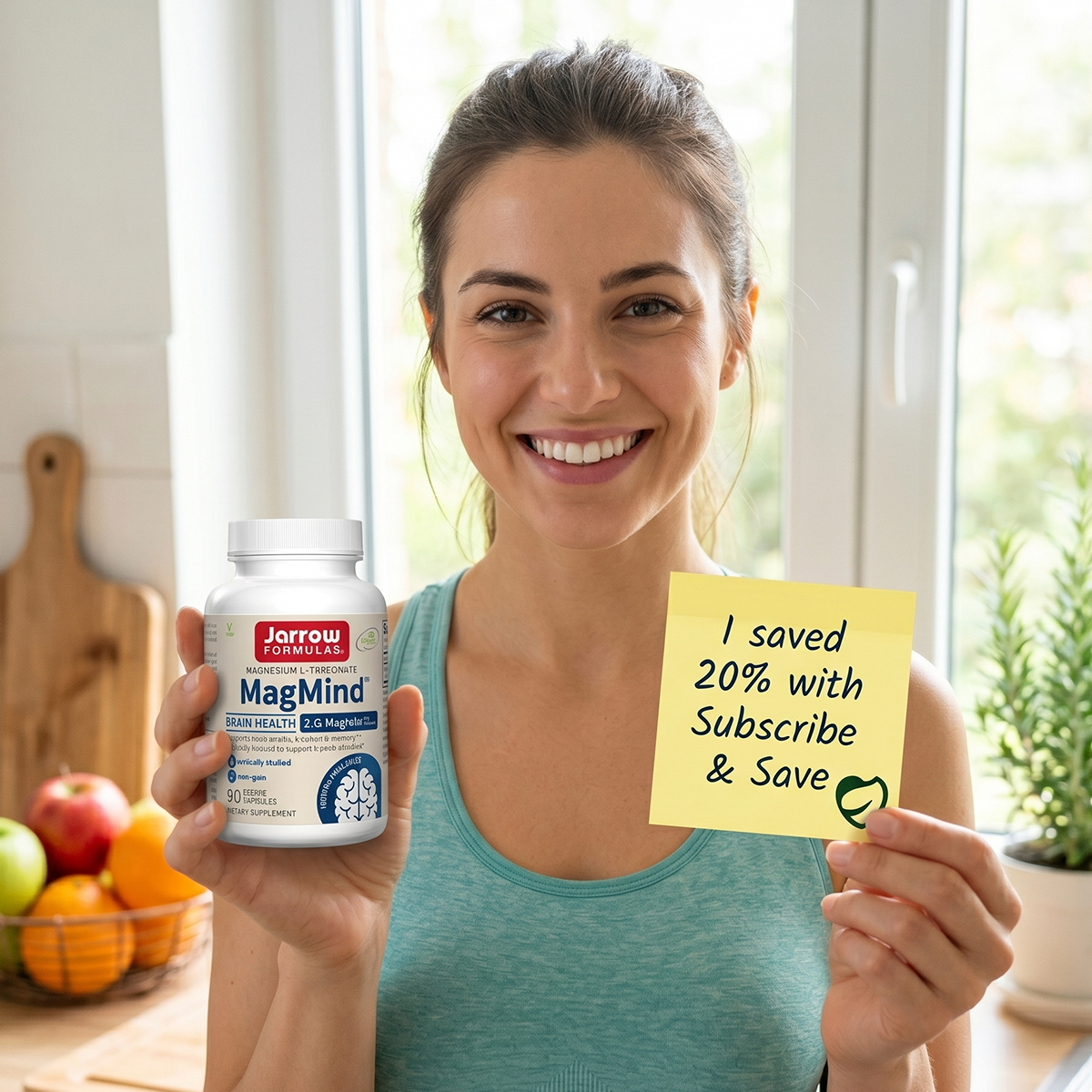 A smiling woman holds a bottle of Jarrow Formulas MagMind and a note about saving 20% with Subscribe & Save.