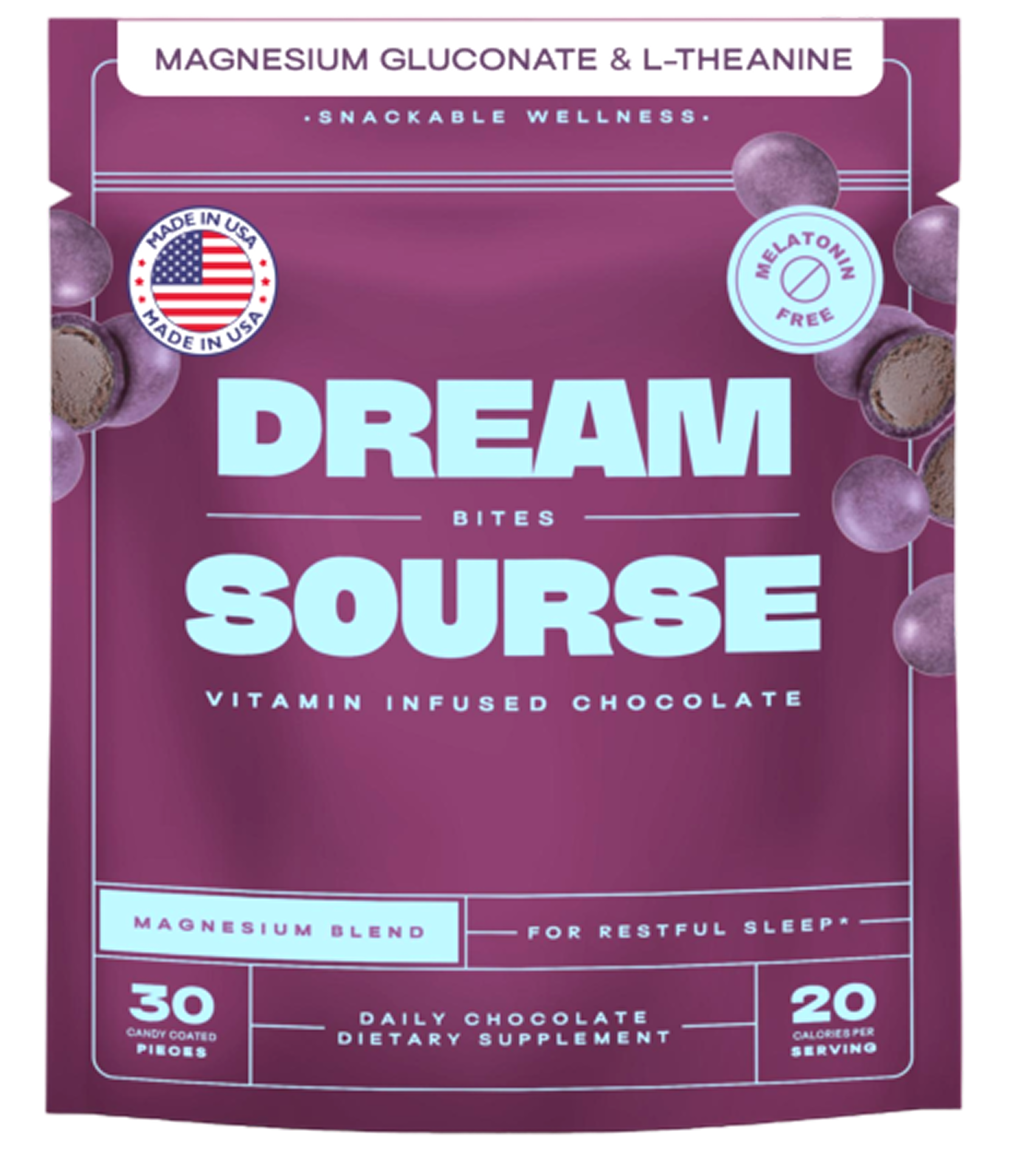 A purple pouch of Sourse Dream Bites, a vitamin-infused chocolate supplement for restful sleep.