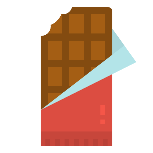 A simple illustration of a chocolate bar with a bite taken out and its wrapper partially opened.