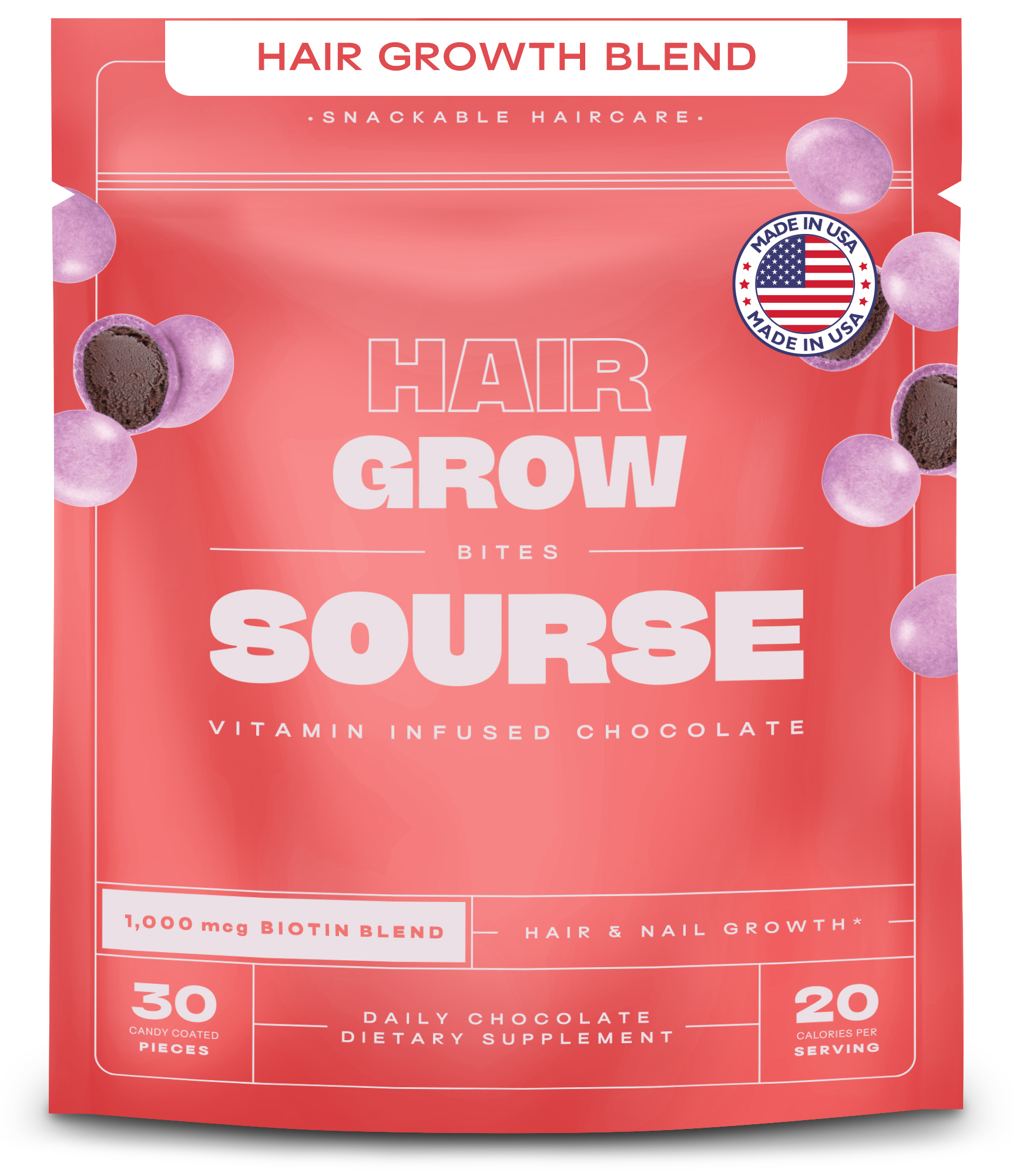 A pink pouch of Sourse Hair Grow Bites, a vitamin-infused chocolate dietary supplement for hair growth.