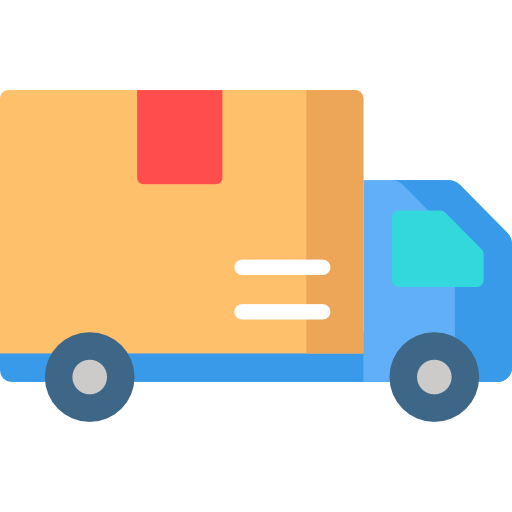 A simple icon of a blue delivery truck carrying a large brown package.