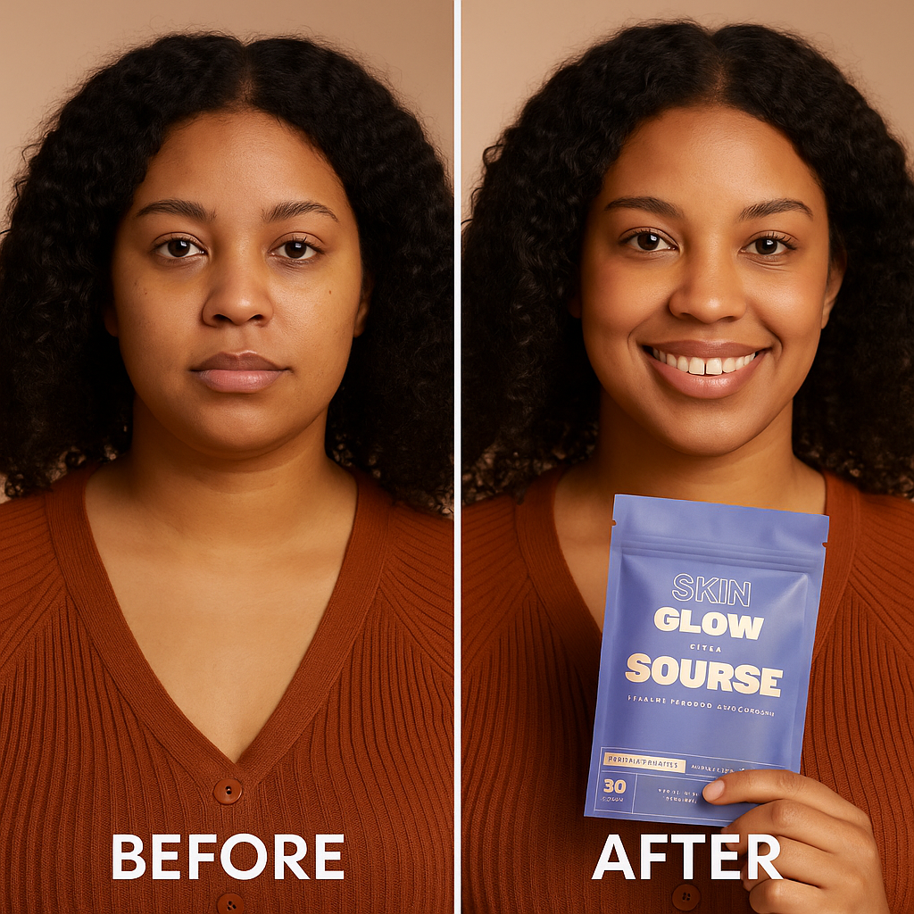 Two images side by side: before and after using a skincare product.