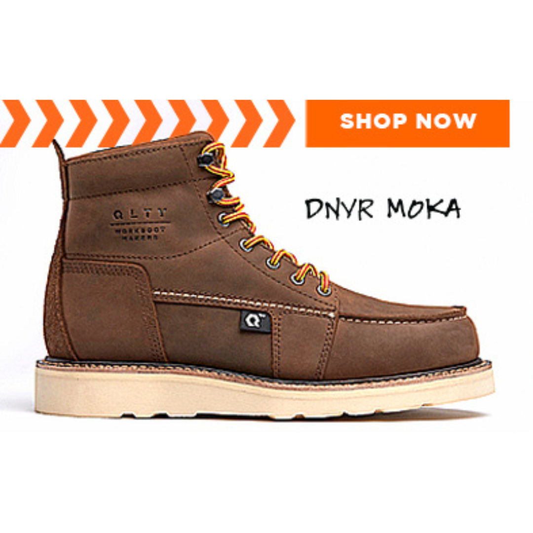 Brown leather boot with orange laces and 'Shop Now' text.