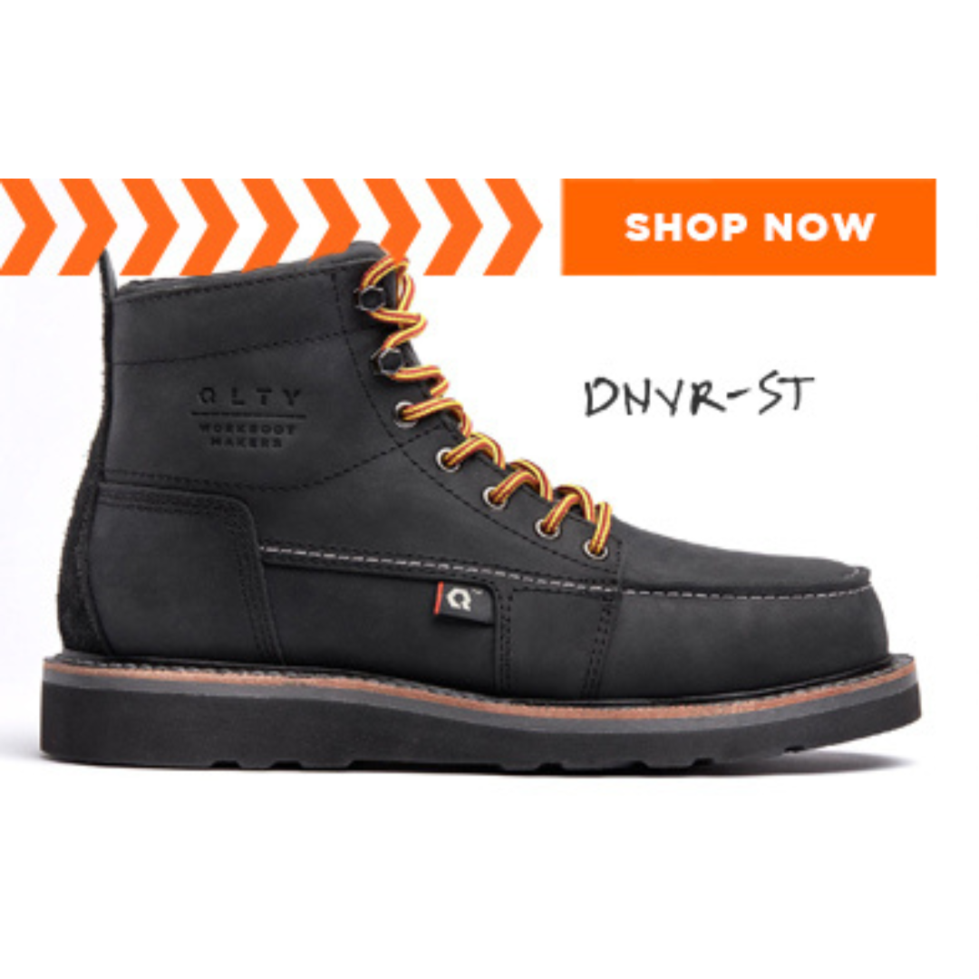 Black work boot with orange laces and 'Shop Now' text.