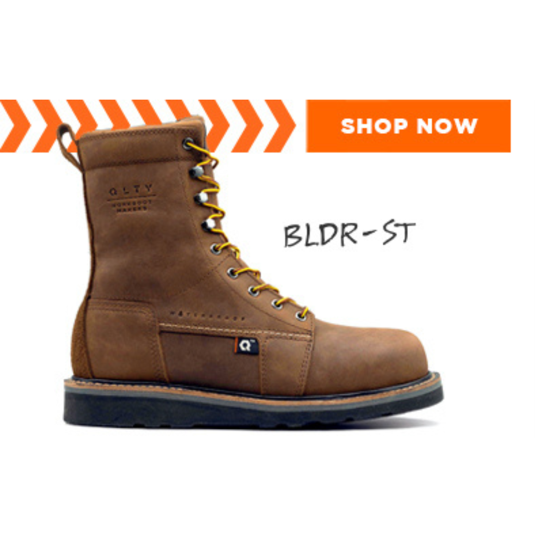 Brown leather boot with yellow laces and 'Shop Now' button.