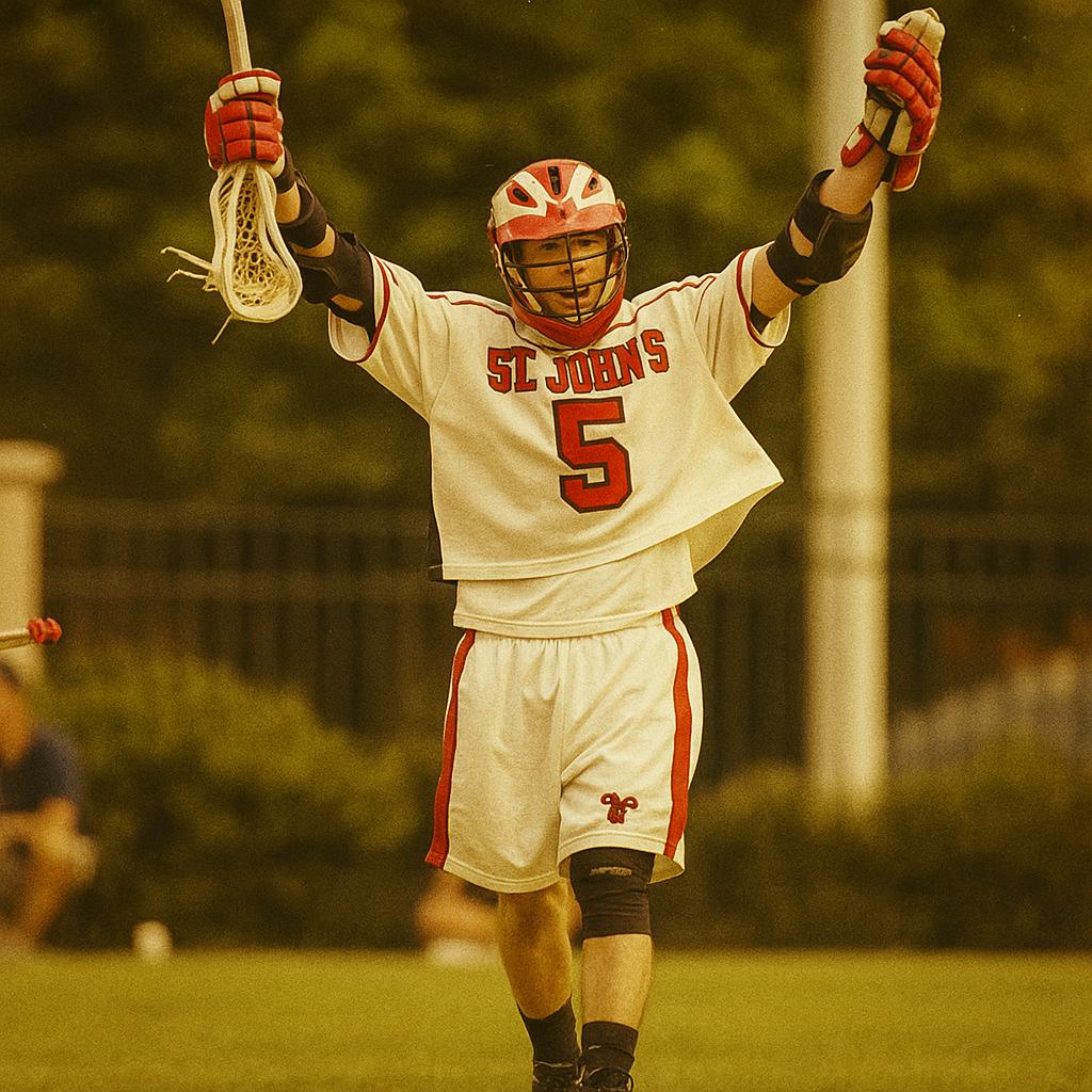 Lacrosse player in white uniform with arms raised, holding a stick.