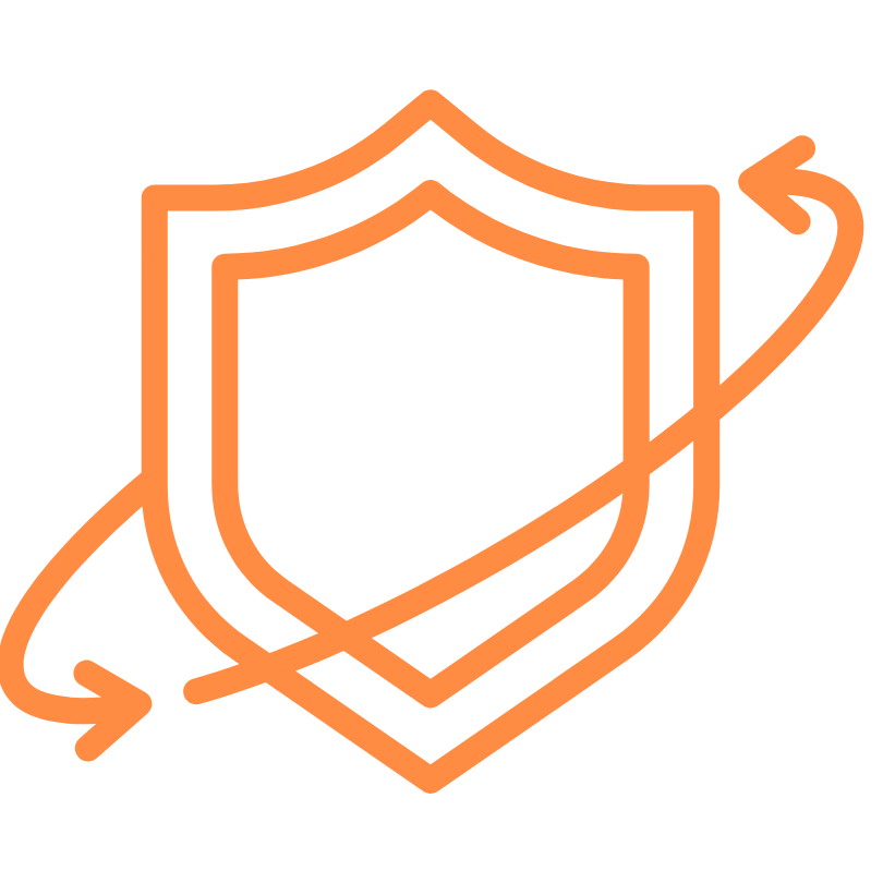 Orange shield with two arrows circling around it.
