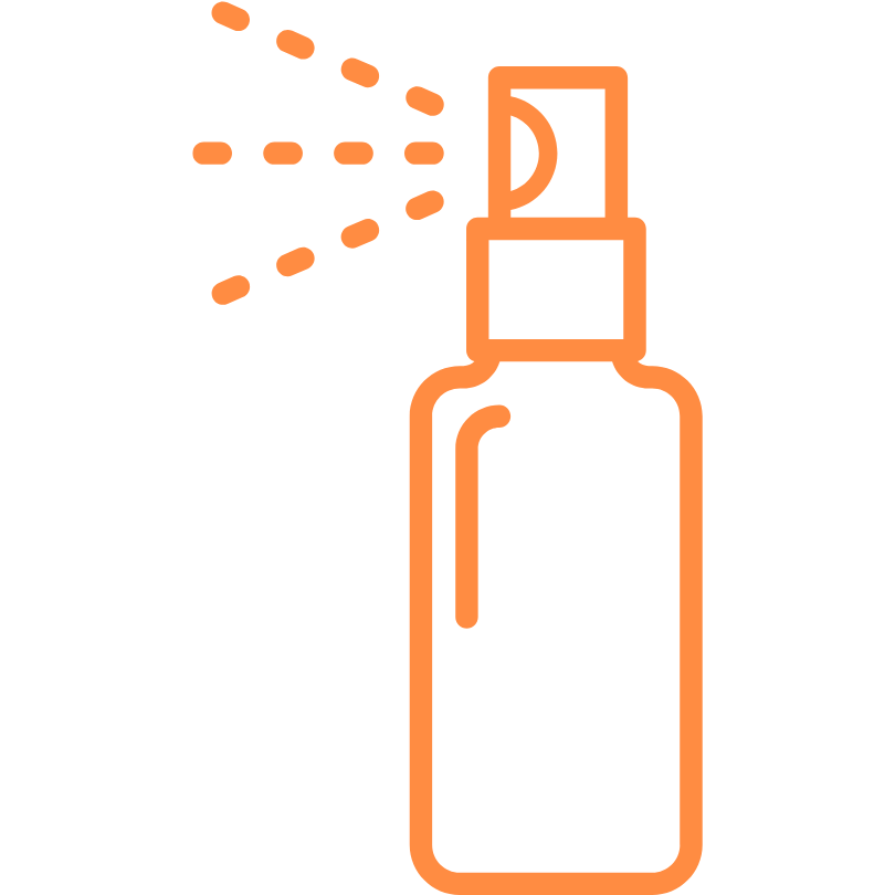 Orange line drawing of a spray bottle with mist.