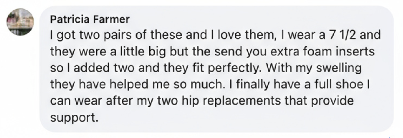 Text review discussing shoe comfort and fit after hip replacements.