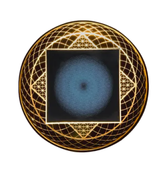 Geometric pattern with a blue circle inside a black square, surrounded by golden lattice design.