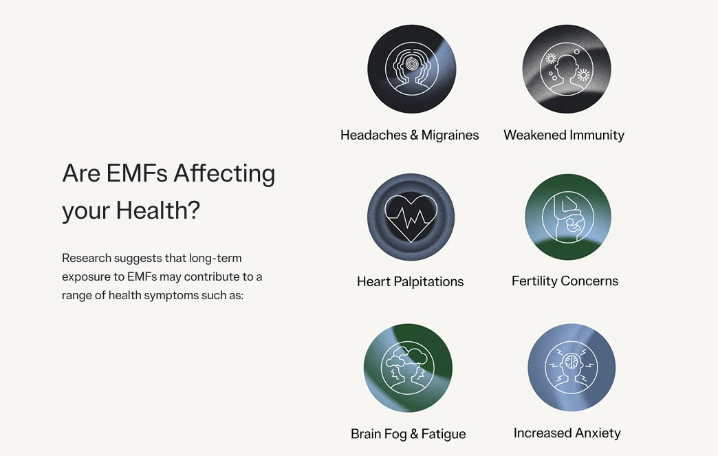 Infographic on EMF health effects: headaches, immunity, heart, fertility, brain fog, anxiety.