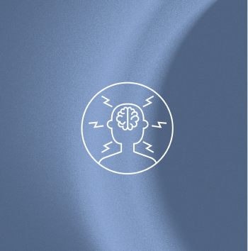 Outline of a head with a brain and lightning bolts on a blue textured background.