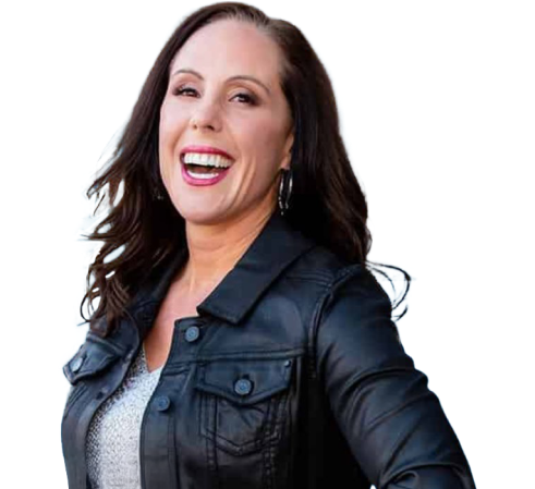 Smiling woman in a black leather jacket against a white background.