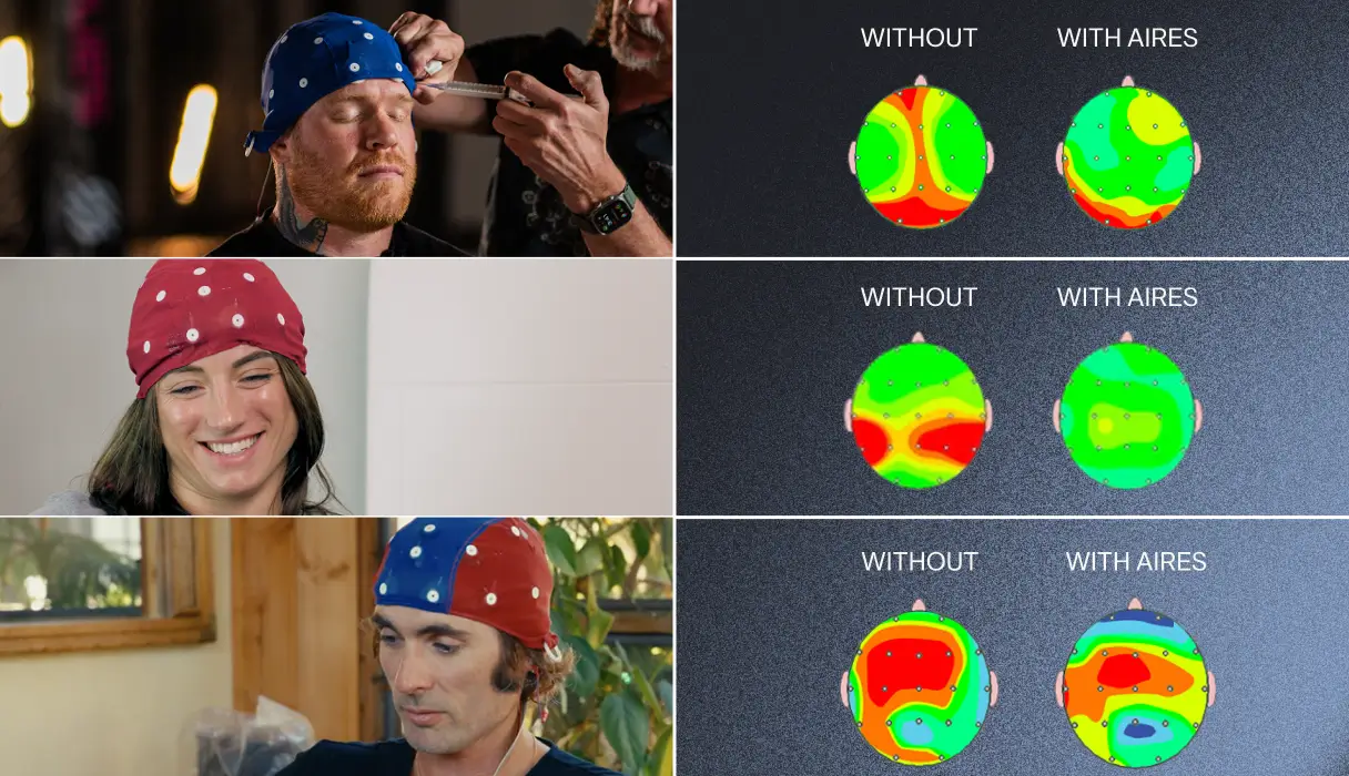 Three people wearing colorful caps, with graphs labeled 'WITHOUT' and 'WITH AIRES'.
