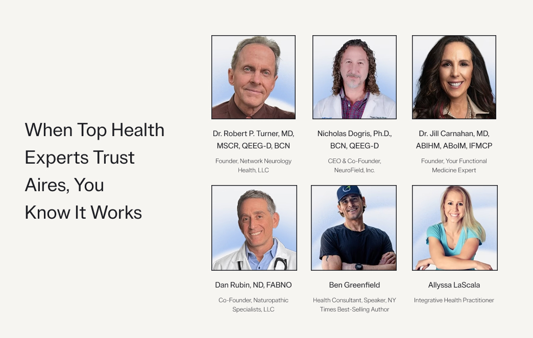 Grid of six health experts with names and titles, alongside text about trust in Aires.