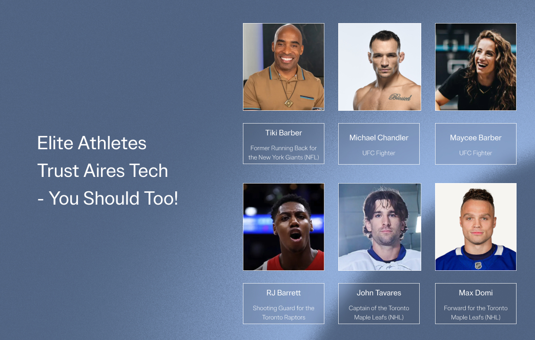 Collage of six athletes with text: 'Elite Athletes Trust Aires Tech - You Should Too!'