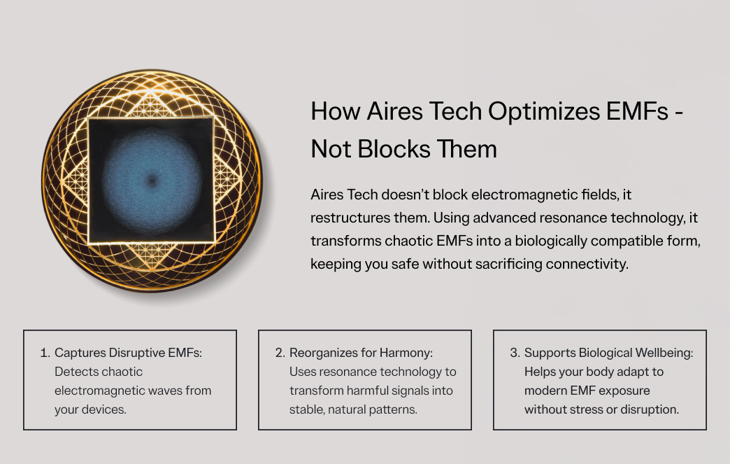 Aires Tech product description with circular design and text about optimizing electromagnetic fields.