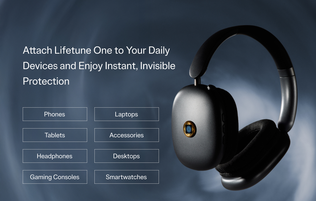 Headphones with text about device protection and a list of compatible devices.