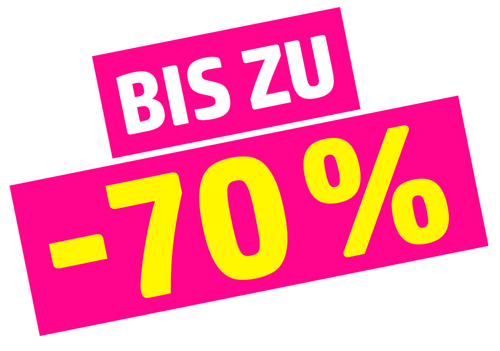 Bright pink and yellow sign with text 'BIS ZU -70%'.