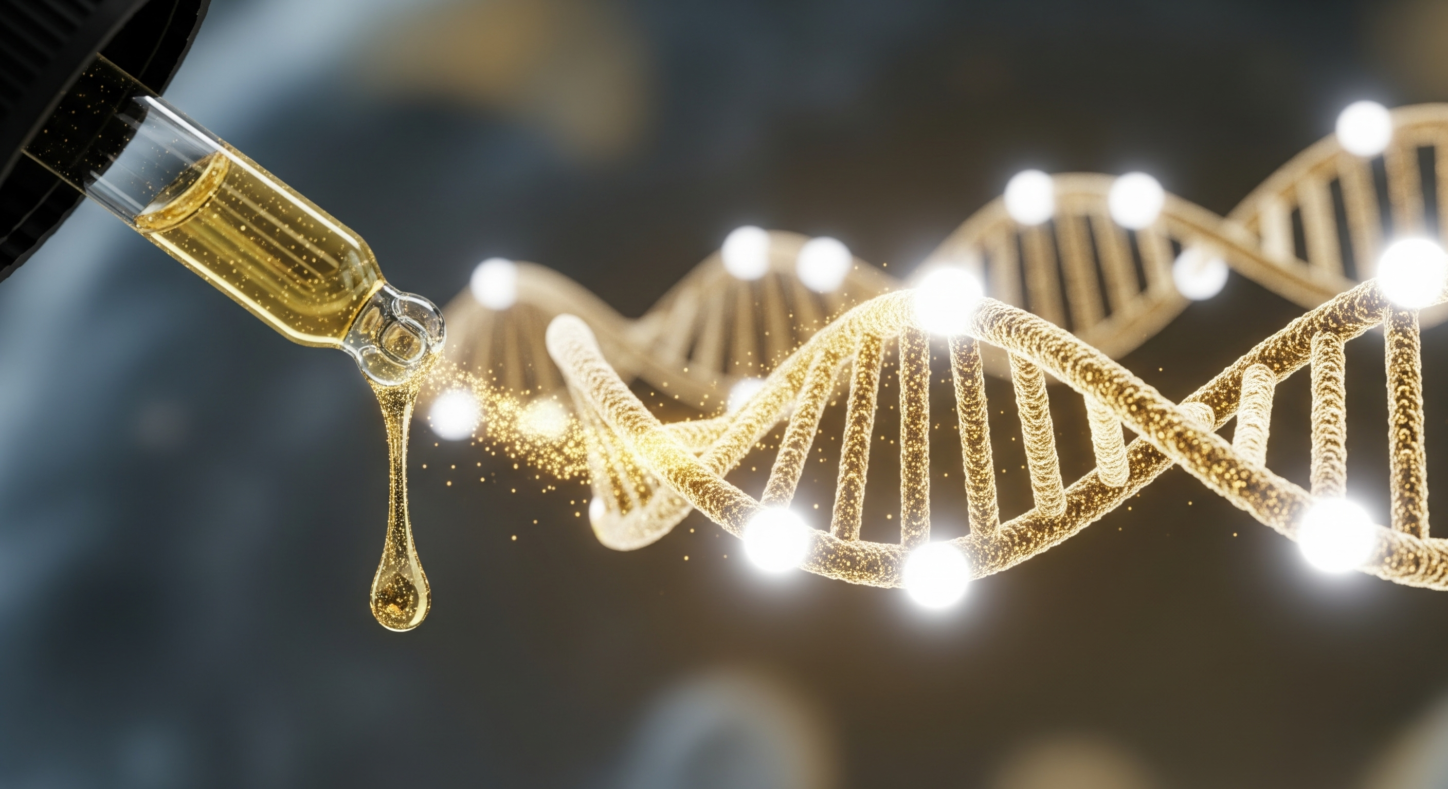 Golden DNA strand with glowing lights and a dropper releasing liquid.