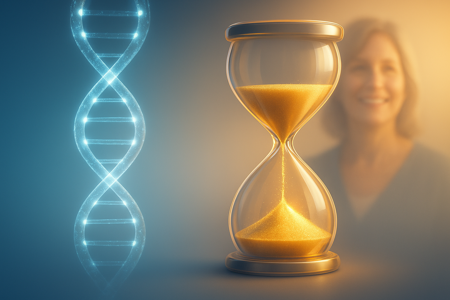 DNA strand, hourglass, and blurred person in the background.