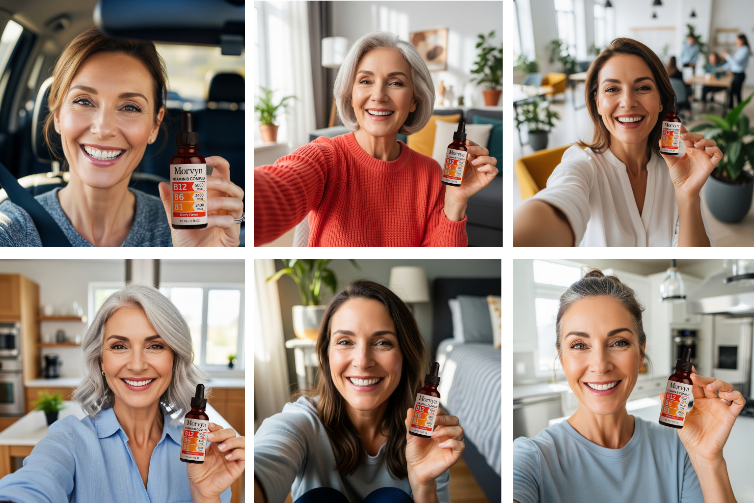 Collage of women holding vitamin supplement bottles, smiling in various indoor settings.