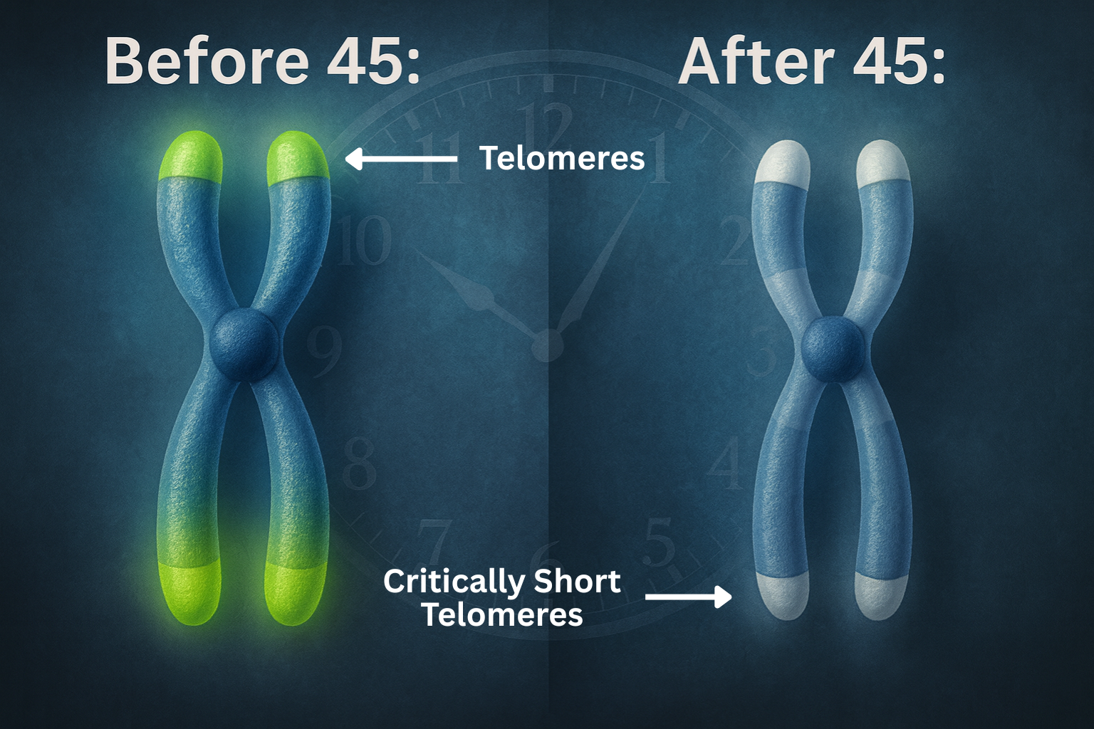 Illustration of telomeres before and after age 45, showing length differences.