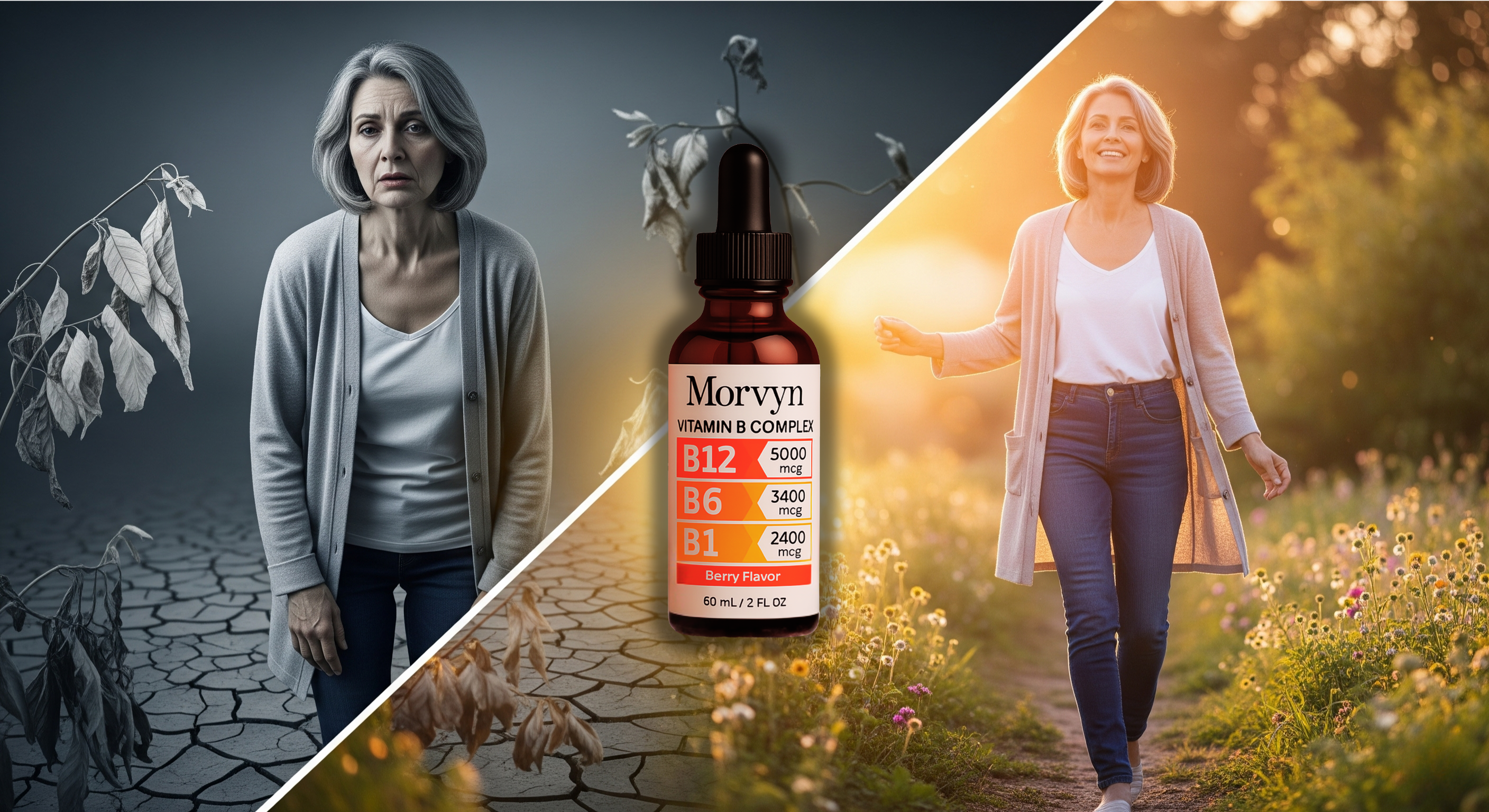 Split image of a woman looking sad and happy, with a vitamin bottle in the center.