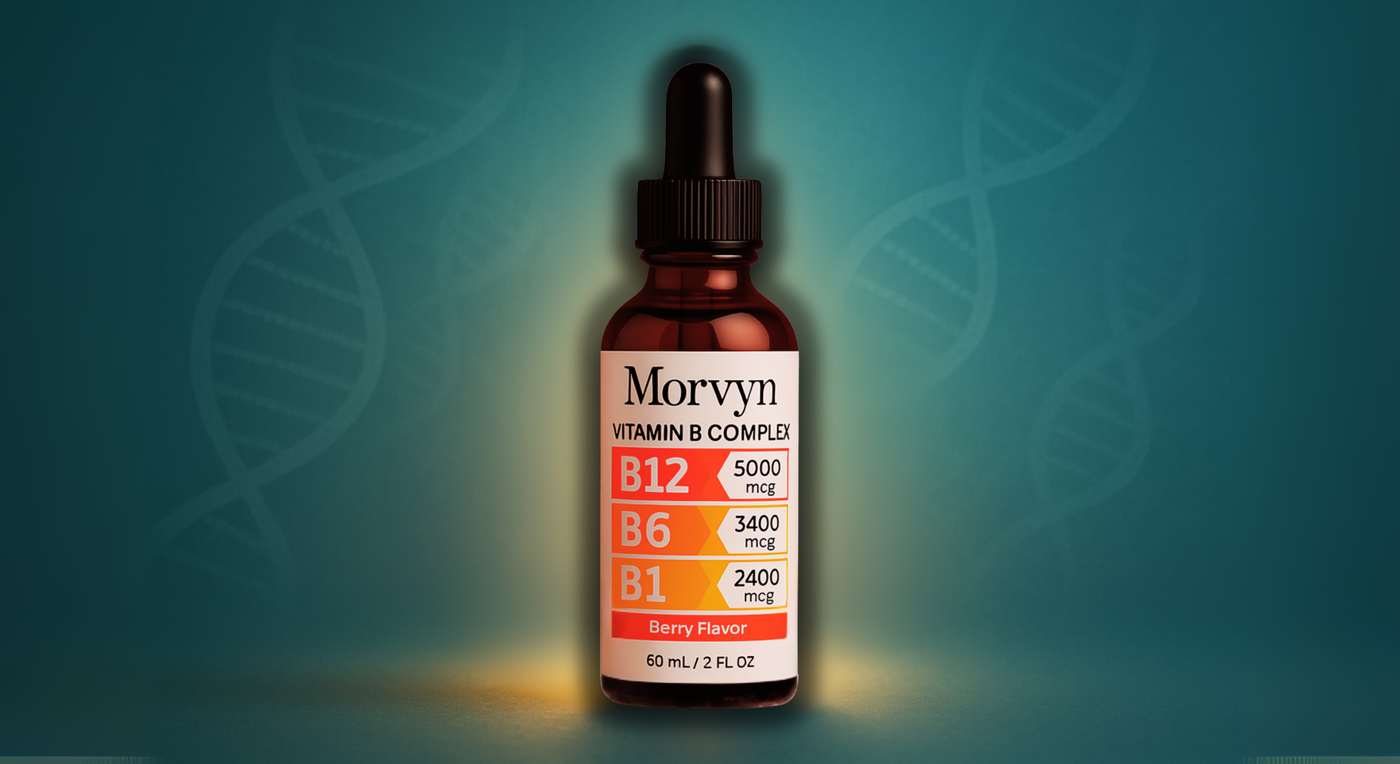 Bottle of Morvyn Vitamin B Complex with dropper, against a DNA strand background.