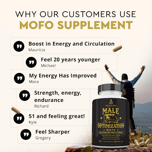 Male supplement bottle with customer testimonials and a hiker in the background.