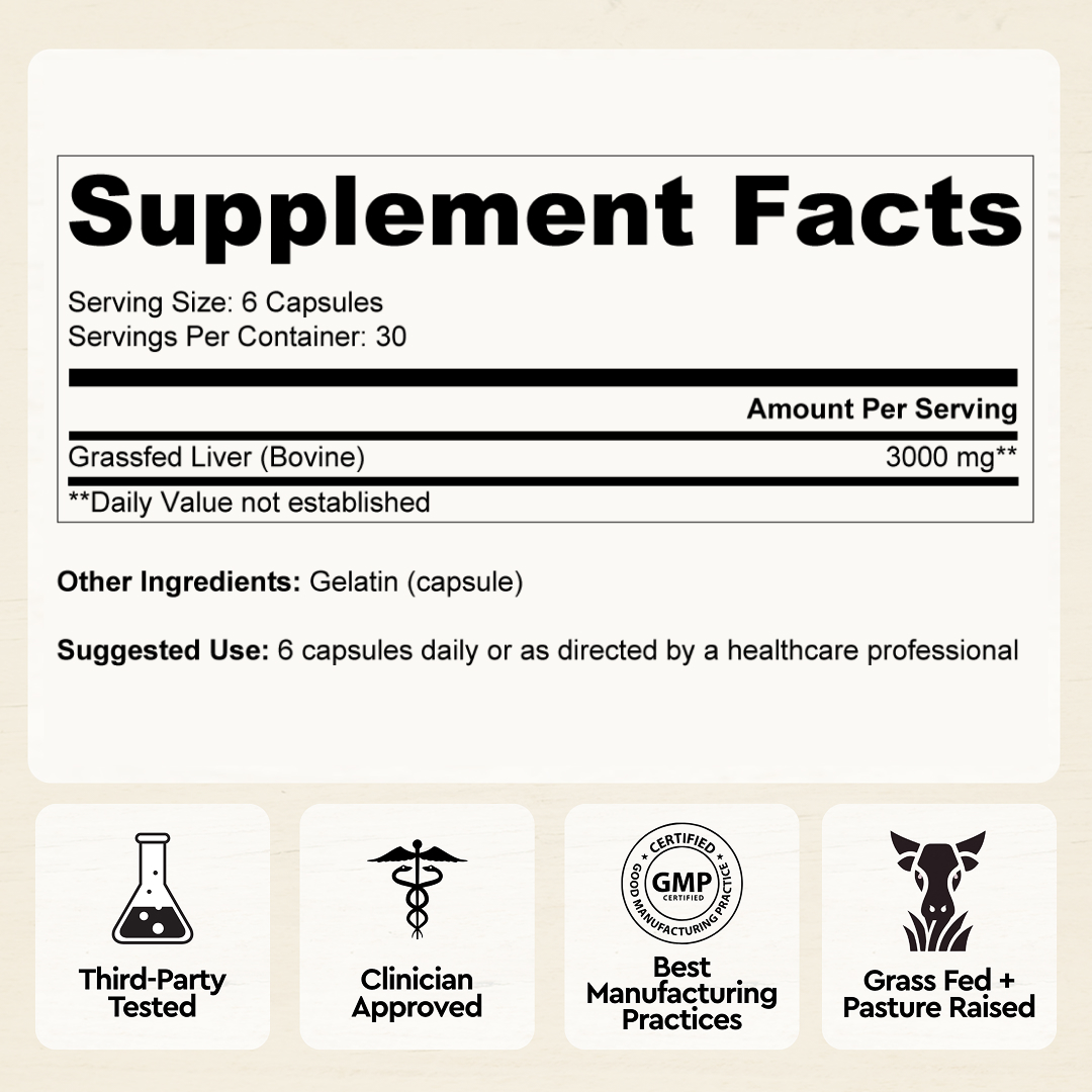 A supplement facts label for Grassfed Liver (Bovine) capsules with certification icons below.