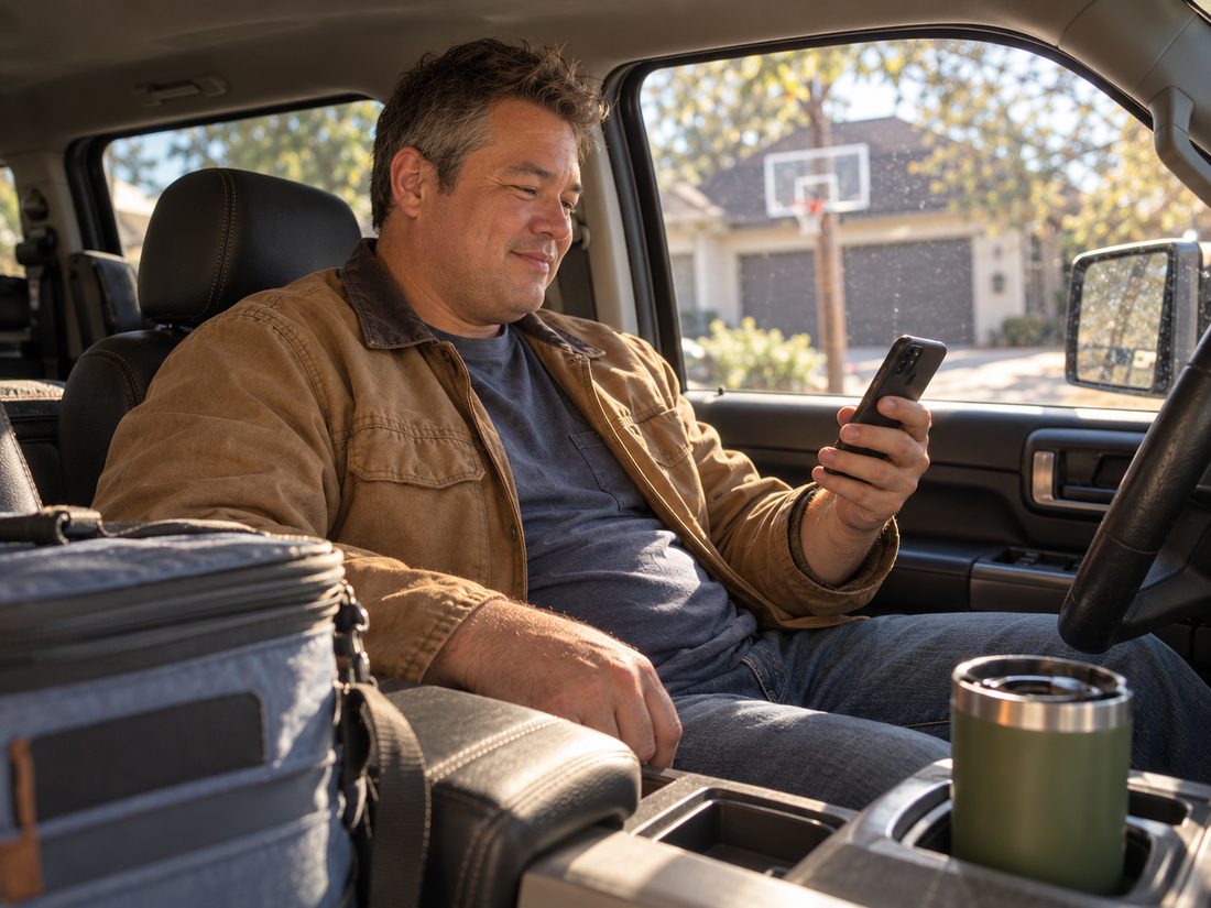 A man in a brown jacket sits in his truck, smiling while looking at his smartphone.