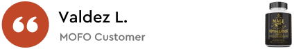 Quote icon, text 'MOFO Customer', and a supplement bottle image.