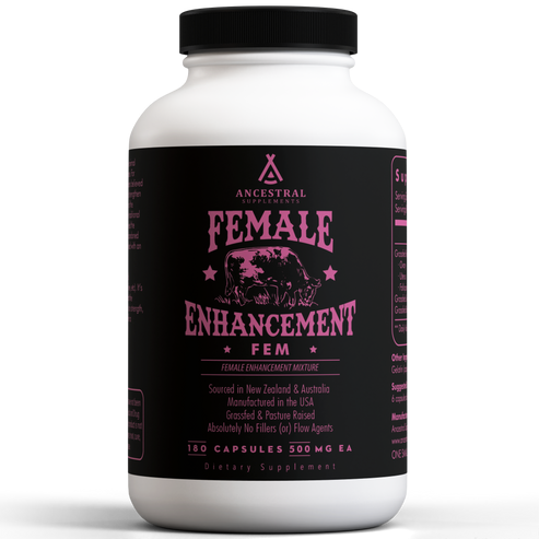 A white bottle of Ancestral Supplements Female Enhancement FEM dietary supplement against a black background.