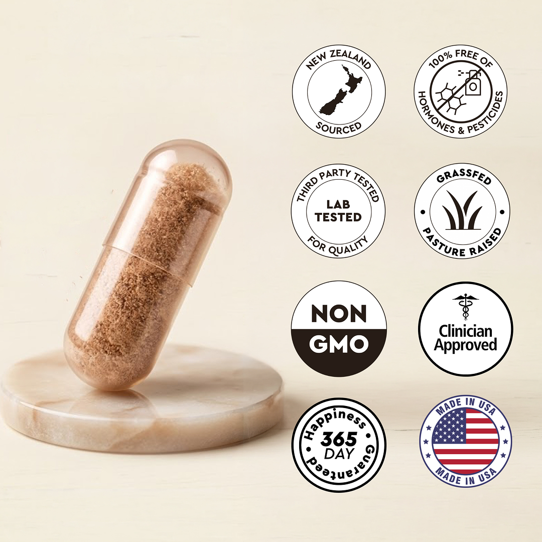 A supplement capsule displayed next to eight circular icons highlighting product features and certifications.