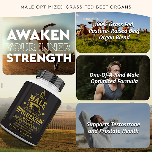 Collage of supplement bottle, pasture, man exercising, with promotional text.
