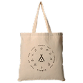 Beige tote bag with circular design and symbols.