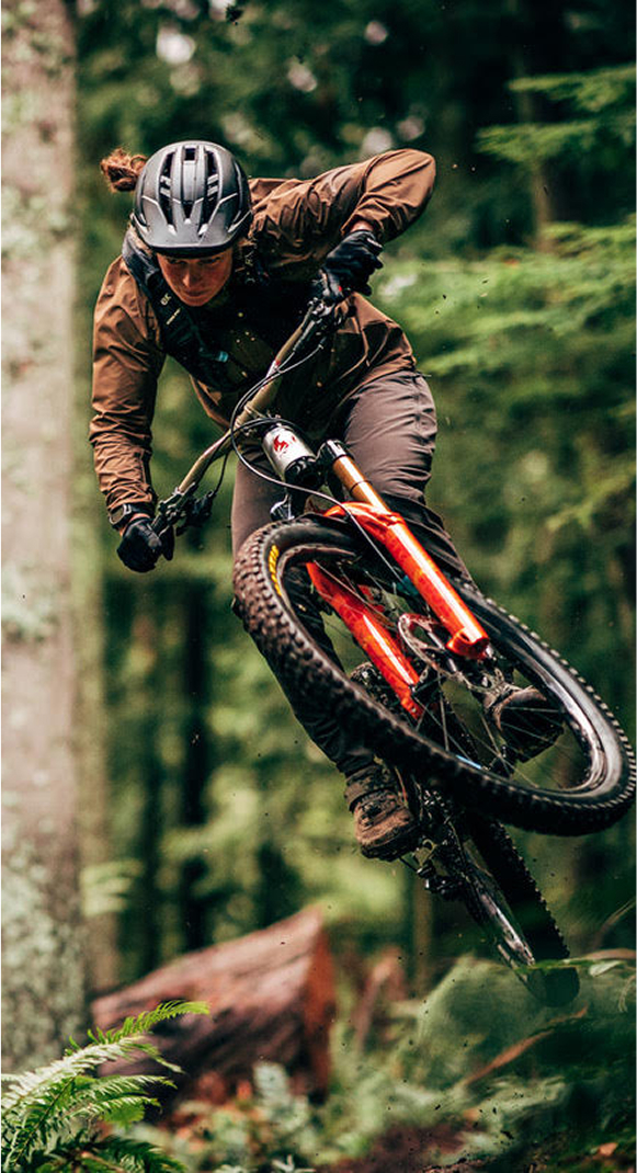 Person mountain biking through a forest trail.