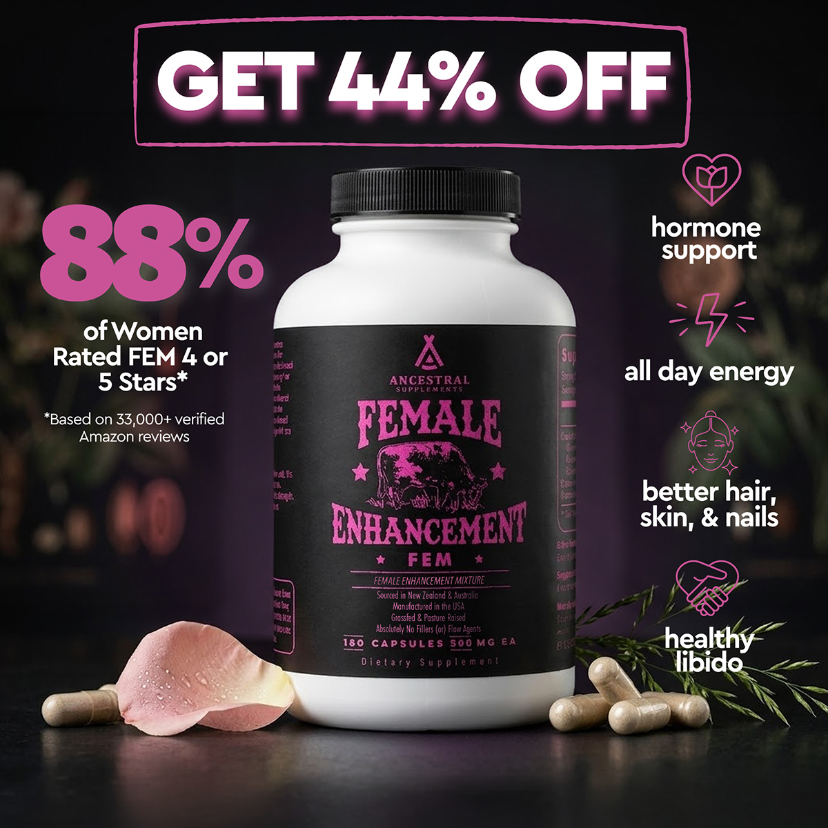 Promotional collage for a female wellness supplement featuring the bottle, cows, and active women.