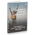 Book cover titled 'Ancestral Energy Enhancers' with a person raising arms on a mountain.