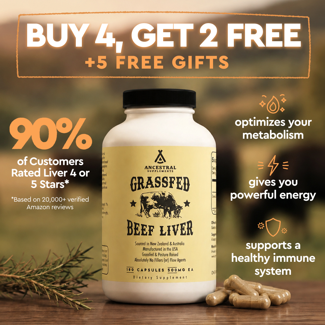 A promotional image for grassfed beef liver supplements showing the bottle, capsules, and a special offer.