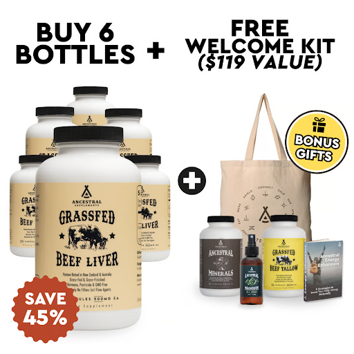 Graphic promoting grassfed beef liver supplement with bonus welcome kit and gift items.