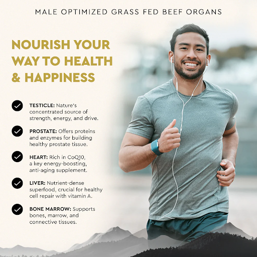 Smiling man with earphones jogging, alongside text about grass-fed beef organ benefits.